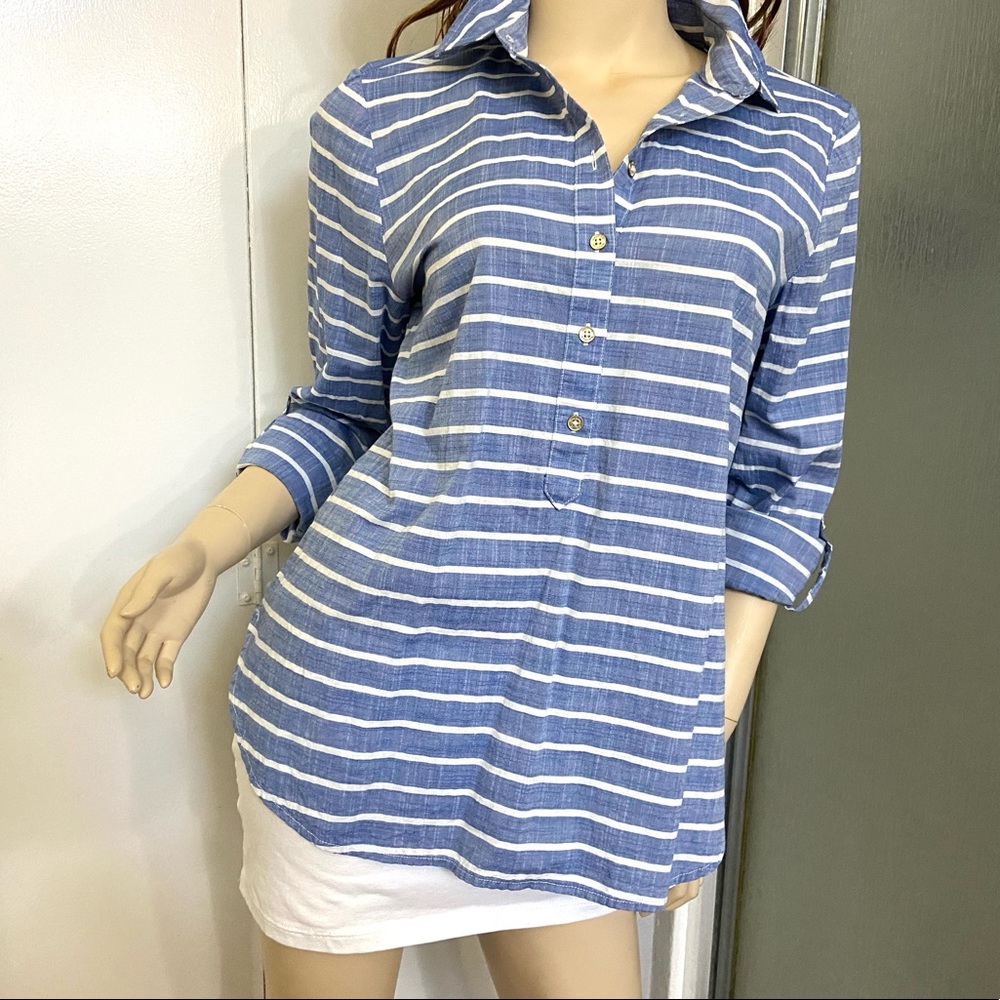 Nautica 3/4 long sleeves stripes tunic shirt sailing boating button up casual